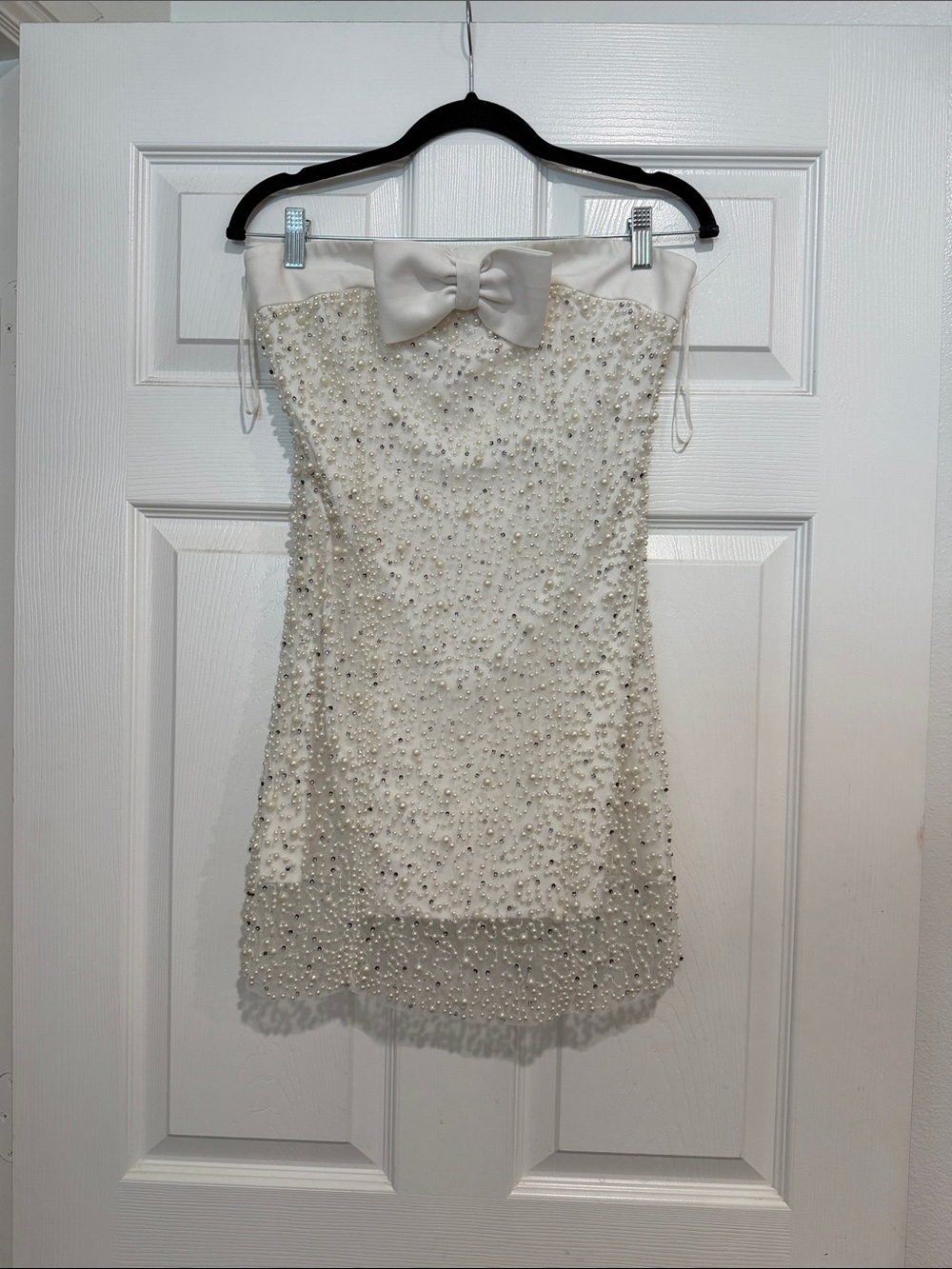 REVOLVE Strapless Beaded Mini Dress in Cream with Satin Bow